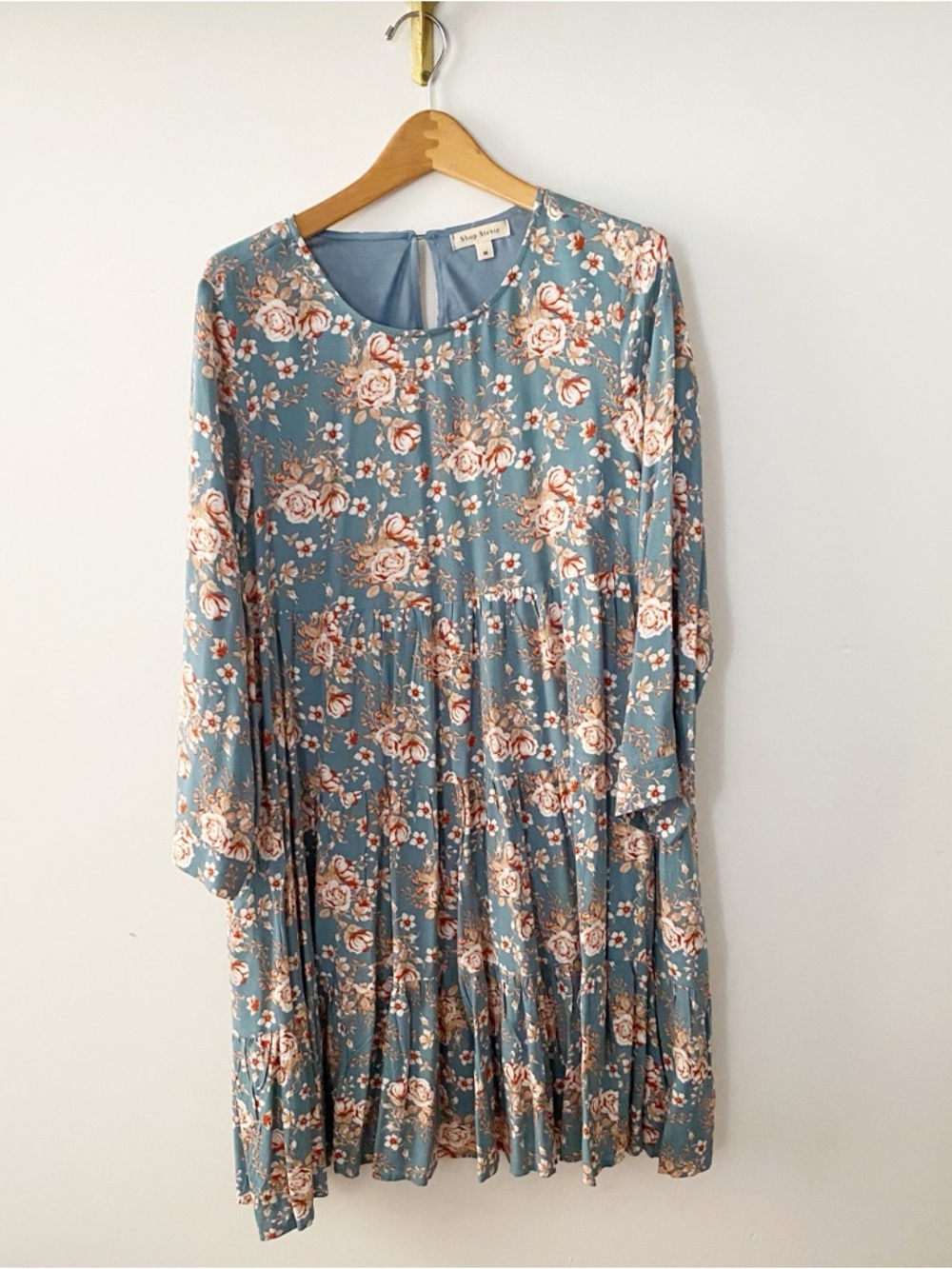 Shop Stevie Dusty Blue Floral Long Sleeve Tiered Mini Dress